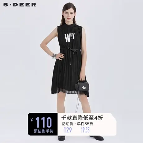 sdeer圣迪奥女夏季裙子立领褶皱收腰印花黑色雪纺连衣裙S21281243图片