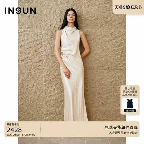 INSUN恩裳秋季荡领缩褶无袖醋酸长裙图片