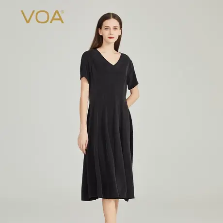 VOA30姆米重磅桑蚕丝黑色V领短袖淑女小黑裙简约减龄真丝连衣裙图片
