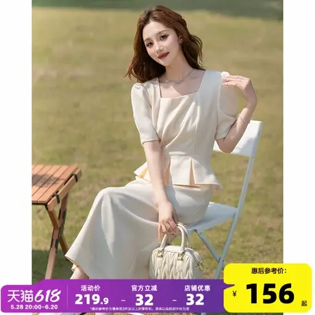 唐狮2025夏季新款女连衣裙长裙开叉收腰显瘦气质淑女商务短袖韩l3图片