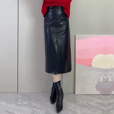 洋气PU皮裙包臀裙女秋冬2023新款修身开叉皮裙一步裙半身裙中长款图片