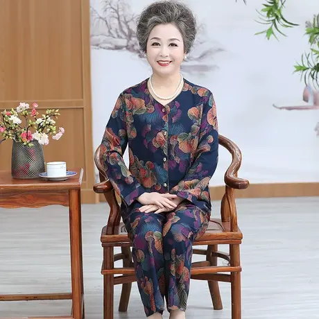 北极绒中老年棉绸套装长袖两件套妈妈睡衣女夏季家居服奶奶装开衫图片