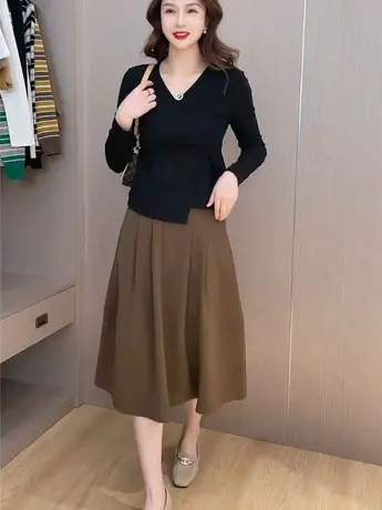 春夏高腰卡其半身裙中长款a字裙2023新显瘦松紧腰梨形身材半身裙图片