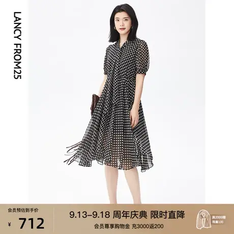 朗姿法式波点黑色高级感气质v领衬衫连衣裙女设计感夏季新款裙子图片