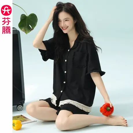 芬腾短袖短裤睡衣女2025新款开衫纯棉夏季宽松休闲女款家居服套装图片
