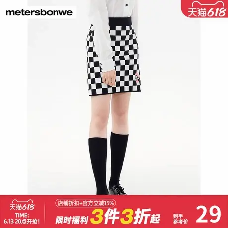 美特斯邦威IP米奇米妮半裙女bobo棋盘格卡通印花A字版型毛织秋冬图片
