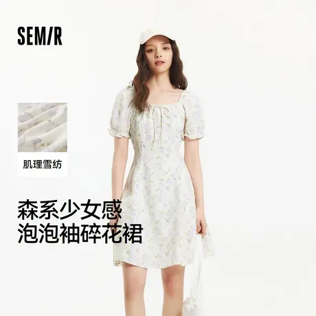 森马连衣裙女方领雪纺裙温柔少女感夏季俏皮泡泡袖肌理碎花裙森系图片
