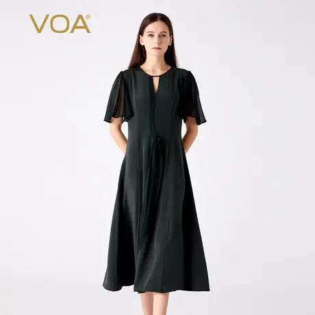 VOA30姆米重磅桑蚕丝深绿圆领短袖活页装饰不对称休闲真丝连衣裙图片