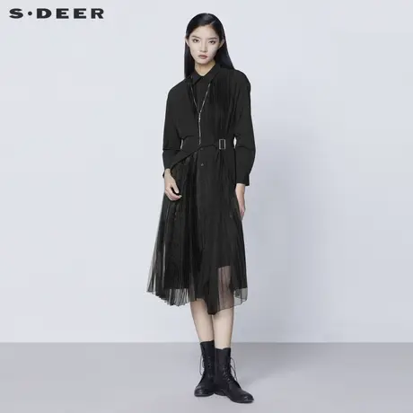 sdeer圣迪奥春装女装翻领风琴褶收腰网纱拼接连衣裙S21381209图片