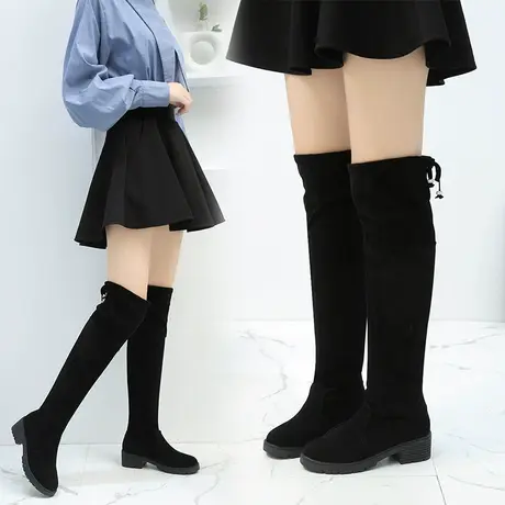 厚底过膝长靴女绒面长筒靴子女2023新款秋冬加绒弹力瘦瘦靴高筒靴商品大图