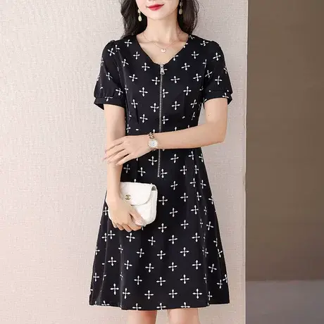 伊自尚法式大码V领连衣裙女胖mm2023夏新款黑色收腰显瘦气质a字裙图片