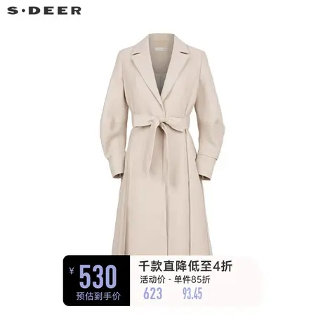 sdeer圣迪奥女装西装领收腰网纱泡泡袖长款风衣S233Z1807图片