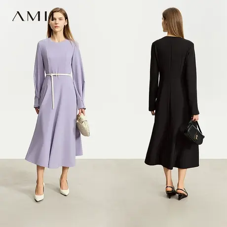 Amii极简连衣裙女2025夏新款修身收腰显瘦A字裙圆领拼接通勤长裙图片
