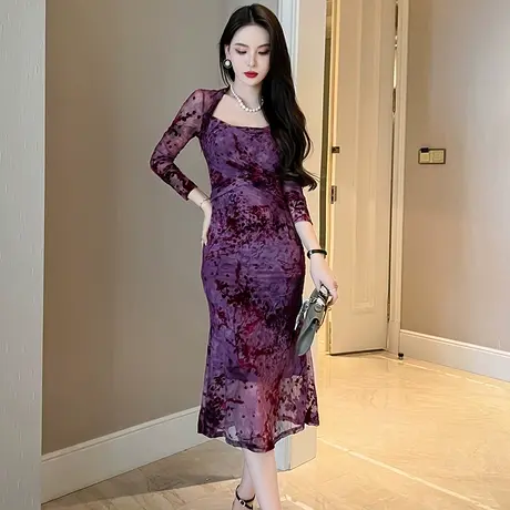 网纱紫色水墨画碎花鱼尾连衣裙秋装显瘦修身高级感包臀裙子超好看图片