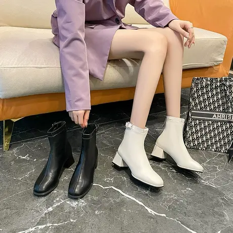 方头瘦瘦靴女粗跟2024年秋冬季新款短筒显瘦切尔西靴软皮百搭短靴商品大图