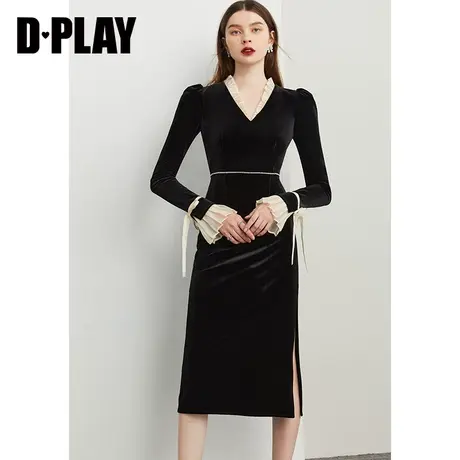 DPLAY春新轻奢鎏光纱钻链装饰丝绒连衣裙小黑裙轻礼服图片