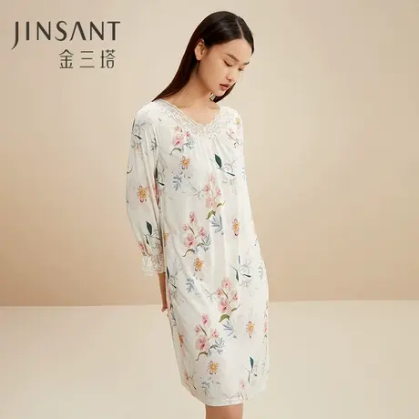金三塔100%桑蚕丝真丝针织舒适好眠女拼蕾丝繁华之名印花睡裙睡衣图片