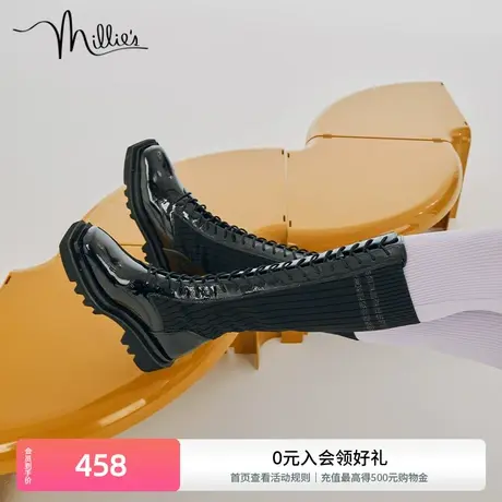 妙丽冬季新款拼接系带骑士靴弹力瘦瘦高筒女漆皮方头长靴SCE41DG1图片