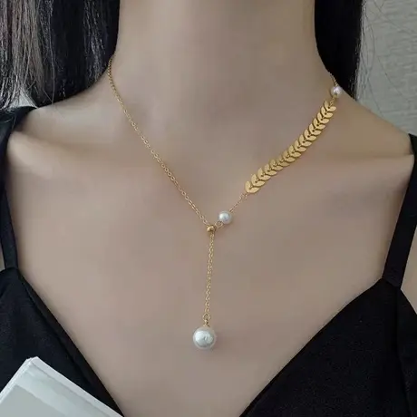 18k黄金麦穗珍珠项链女夏轻奢小众设计感锁骨链2024年新款ins风图片