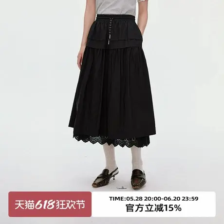 omont蛋挞家复古蕾丝拼接抽绳a字半身裙2025夏季高腰显瘦中长裙子图片