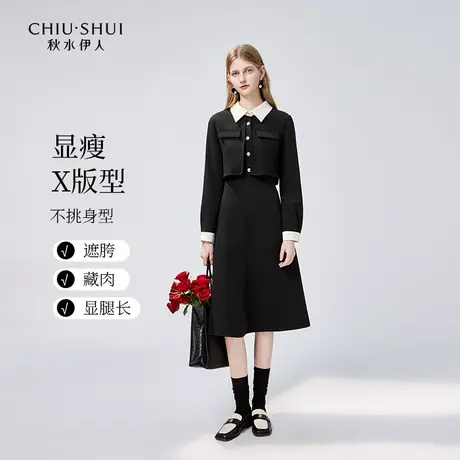 秋水伊人文艺气质假两件连衣裙2025年冬季新款女装简约小个子黑裙图片