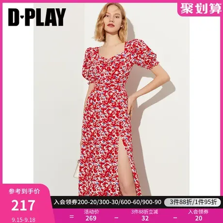DPLAY夏新法式宫廷领海棠红侧开衩度假风印花连衣裙沙滩裙图片