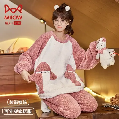 猫人睡衣女士秋冬新款加厚珊瑚绒圆领可爱法兰绒可外穿家居服套装图片