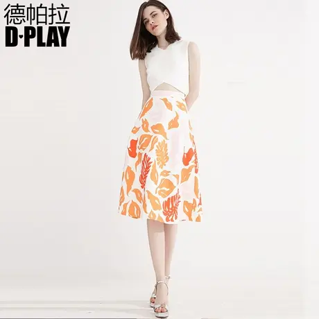 DPLAY德帕拉欧美橘色花草印花高腰A字裙优雅通勤OL中裙半身裙图片