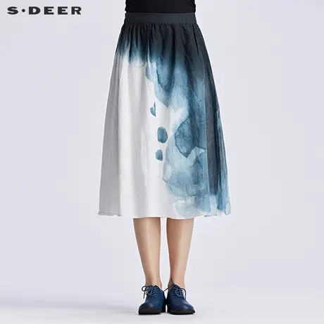 sdeer圣迪奥2019春装棉麻蓝调水墨晕染长裙亚麻半身裙女S17181161图片