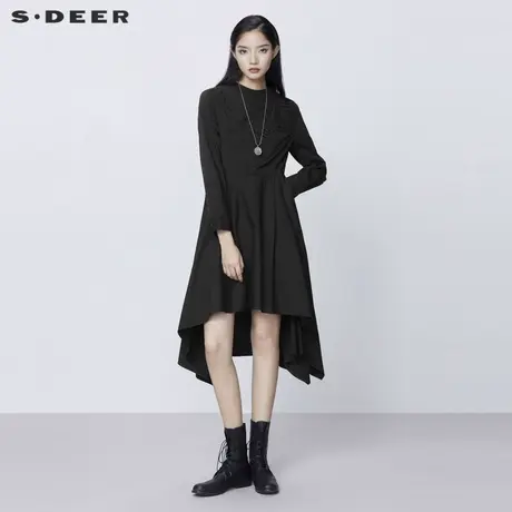 sdeer圣迪奥女装春秋装圆领压褶拼接不规则长袖连衣裙S21381206图片