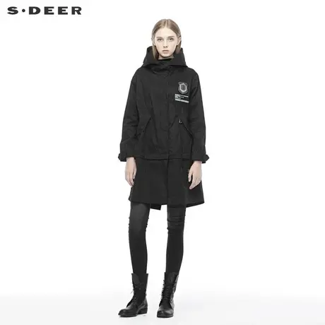 sdeer圣迪奥女装字母贴布开衩连帽黑色长款风衣春秋外套S19181821图片