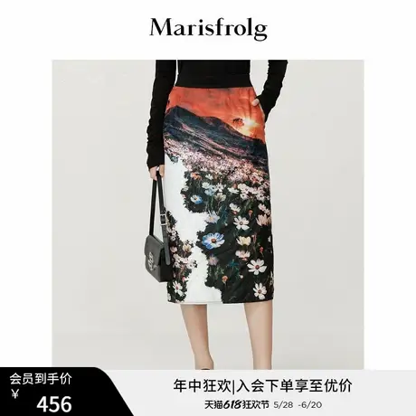 【会员秒杀】玛丝菲尔春季新款松紧腰时尚国风艺术花稿半身裙图片