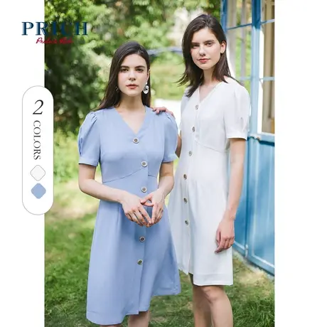 PRICH【直播专享】短袖V领设计感简约连衣裙气质职场中长款裙子女图片