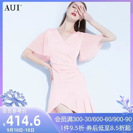 AUI粉色洋气减龄雪纺连衣裙夏季2023新款气质女神范V领不规则裙女图片