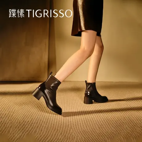 蹀愫冬粗跟圆头棕色时装短靴侧拉链女TA54709-11图片