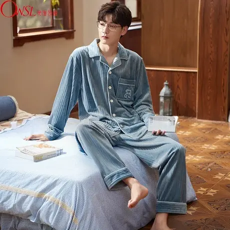 睡衣男士秋冬款法兰绒加厚珊瑚绒冬季家居服套装2023新款图片