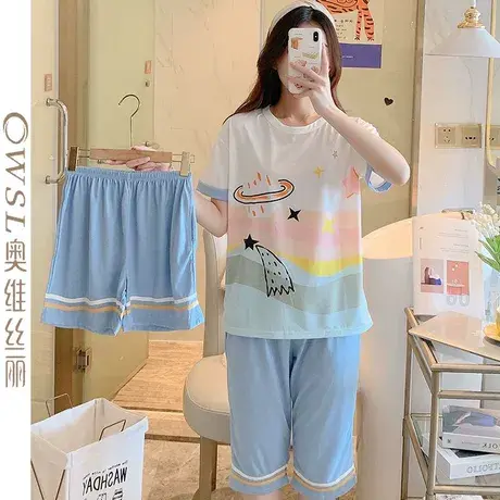 棉睡衣女夏天短袖短裤七分裤三件套宽松薄款家居服图片