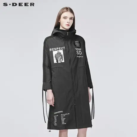 sdeer圣迪奥连帽字母开衩下摆抽绳飘带H型长款风衣S19161807图片