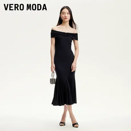 Vero Moda奥莱连衣裙2025夏季新款一字肩鱼尾收腰莱赛尔优雅短袖图片