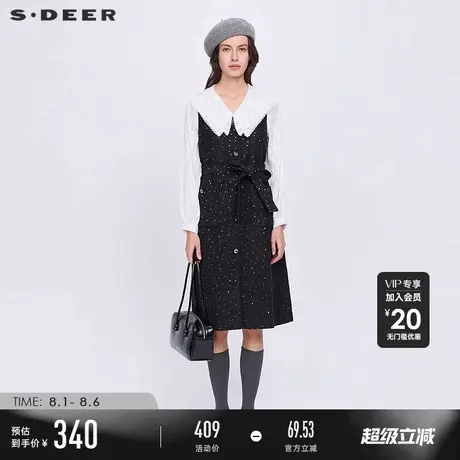sdeer圣迪奥秋装女装翻领花边格纹收腰两件套连衣裙S233Z12N6图片