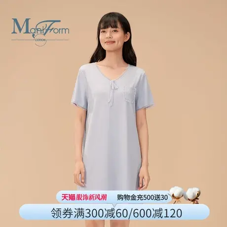 曼妮芬棉质生活睡衣家居服棉莫罗纹针织窄条蕾丝V领短袖睡裙TC商品大图