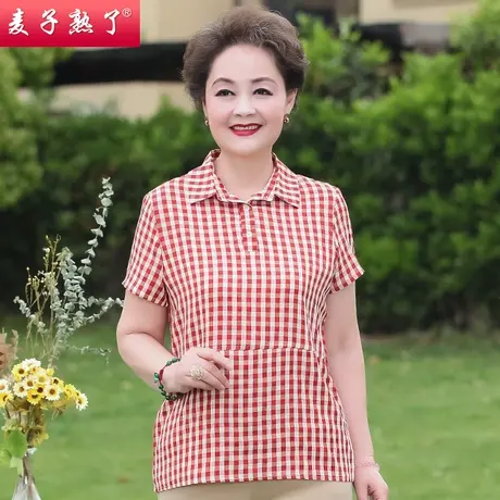 妈妈夏装休闲格子小衫上衣服中老年人女装洋气短袖T恤春夏新款薄图片
