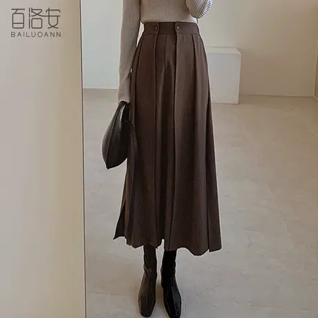 百洛安中长款半身裙裤女秋冬新款韩版显瘦百搭a字伞裙高腰开叉裙图片
