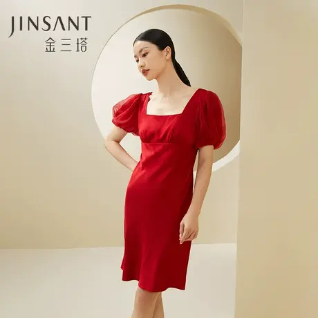 金三塔19姆米重磅100%桑蚕丝女士真丝红色婚庆复古睡裙家居服新品图片