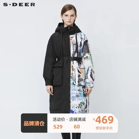 sdeer圣迪奥女装高领连帽涂鸦印花收腰长款羽绒服S21482423图片
