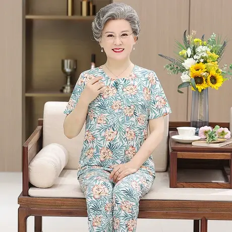 夏季奶奶短袖冰丝套装中老年碎花居家服60岁老太太大码两件套婆婆商品大图