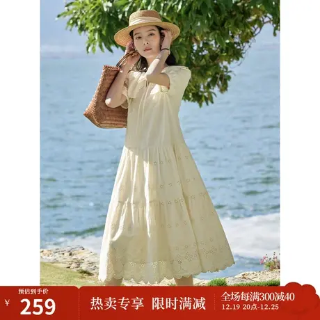 茵曼田园文艺连衣裙2023夏季女装新款镂空绣花娃娃领灯笼袖裙子图片