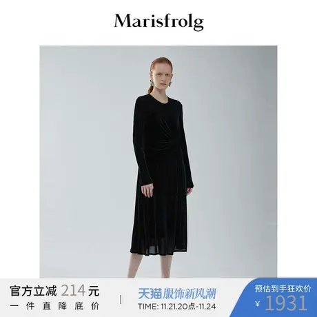 【日本进口面料】玛丝菲尔冬季新款黑色腰部褶皱褶皱收腰连衣裙图片