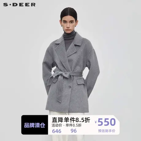 sdeer圣迪奥女装休闲西装领收腰短款毛呢大衣S23462602商品大图