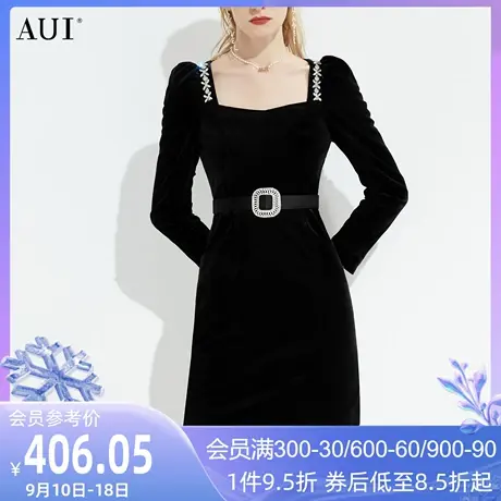 AUI赫本风黑色丝绒连衣裙女2023秋冬新款小个子方领泡泡袖a字裙子图片